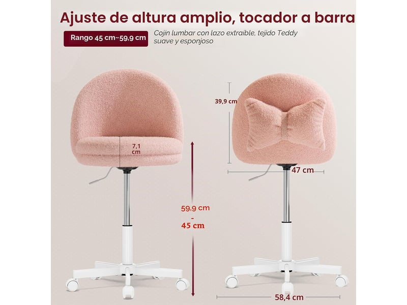  Gtplayer chaise de bureau domestique sans accoudoirs, avec dossier, hauteur réglable, polaire teddy - rose CH710-PK-TV - Conforama B