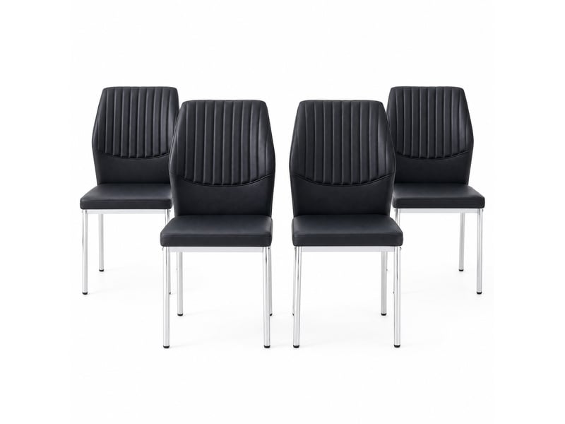  Chaises de salle à manger lot de 4 dossier nervuré rembourré  - pieds en métal, pu noir et argent  - Conforama A