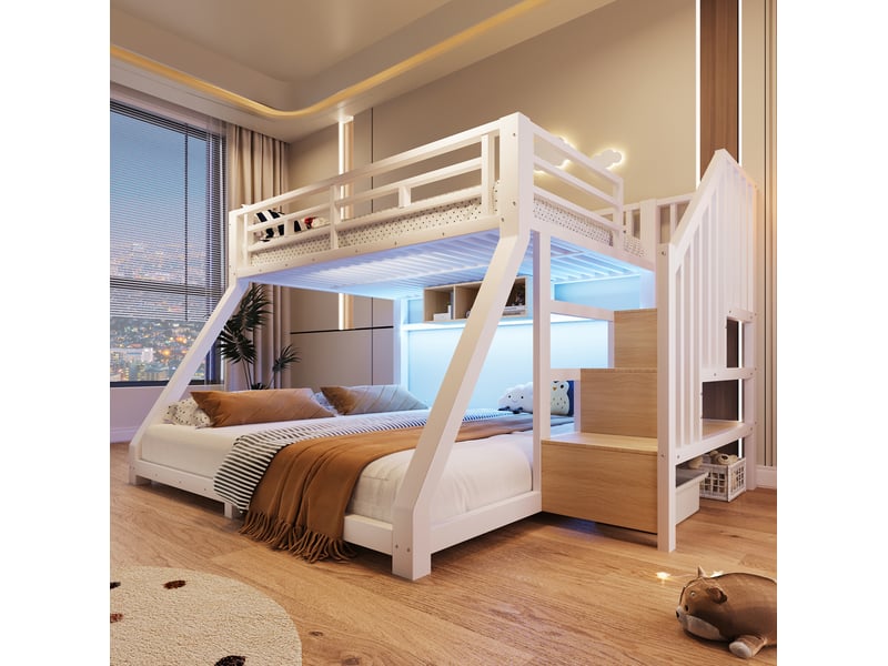  Lit superposé 90 × 200 cm et 140 × 200 cm avec led, 3 rangements, escalier de rangement, sans matelas, blanc  - Conforama D