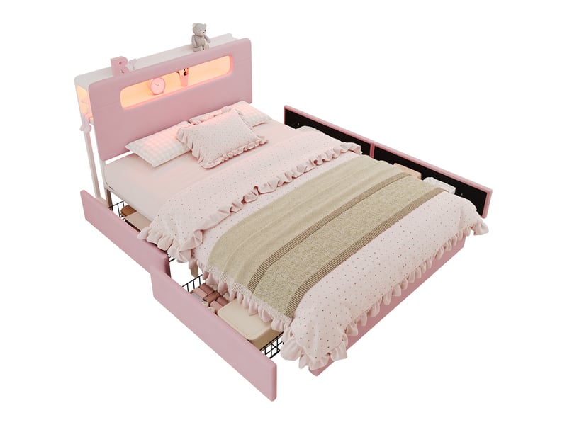  Lit enfant 140x200 cm avec 4 tiroirs latéraux et éclairage led contrôlé par application couleur rose sans matelas  - Conforama A