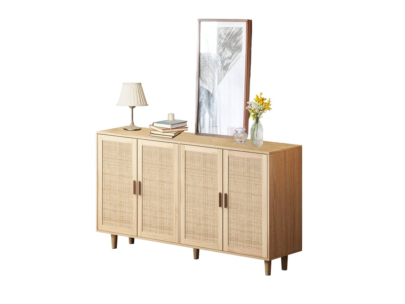Buffet 4 portes décor rotin avec étagère réglable pour salon 158×40×88 cm naturel - Conforama A
