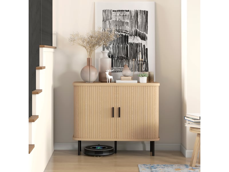  Buffet avec portes coulissantes à lattes, meuble de cuisine avec pieds en acier, aspect chêne  - Conforama D