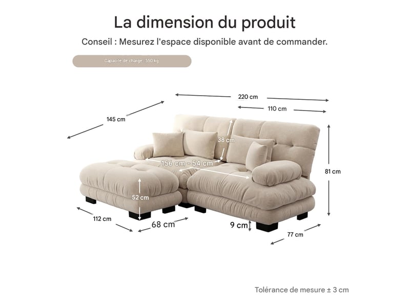  Canapé modulable 2 places en tissu chenille avec pouf et coussins brun clair W3325S00042 - Conforama C