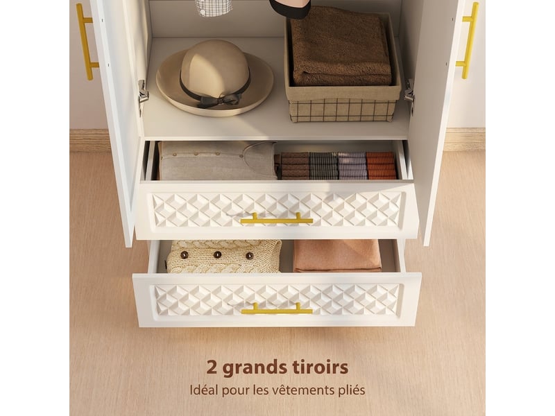  Armoire chambre penderie avec miroir, 2 tiroirs, 2 portes et barre de suspension, 80 x 50 x 180 cm, blanc  - Conforama E