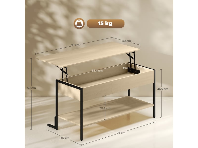  Table basse avec plateau relevable, table de salon avec compartiment caché et étagère ouverte, bois naturel, 95x40x59cm  - Conforama C