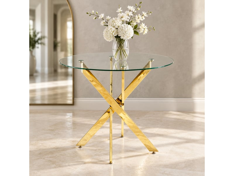  Table de salle à manger ronde avec plateau en verre, pieds croisés en métal et style moderne, métal et verre, doré  - Conforama B