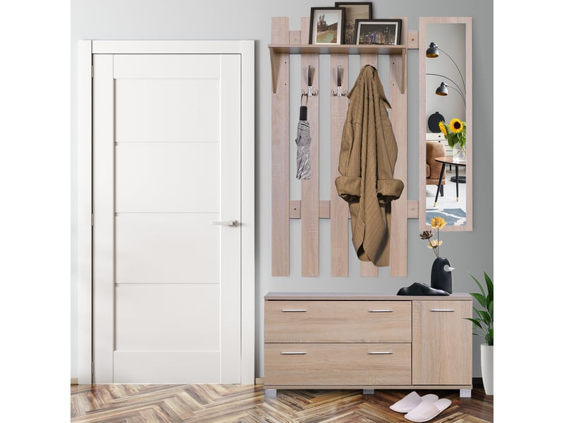  Ensemble de meubles 3 en 1 avec armoire, miroir et étagère à chaussures pour entrée, panneaux de particules, 90 x 21,5 x 116 cm, chêne  - Conforama D