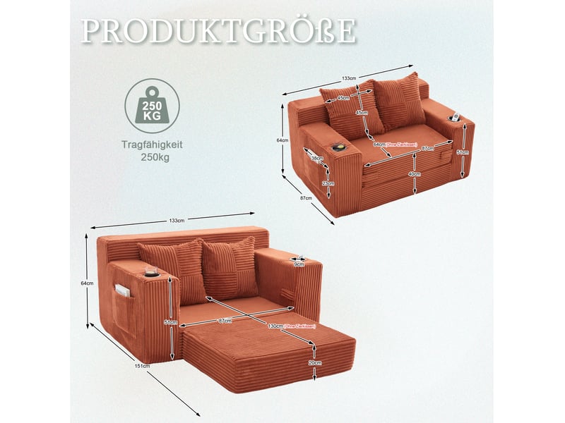  Canapé droit 2 places 151x133 cm – orange – 2 coussins, pouf à rangement latéral et porte-gobelets  - Conforama C