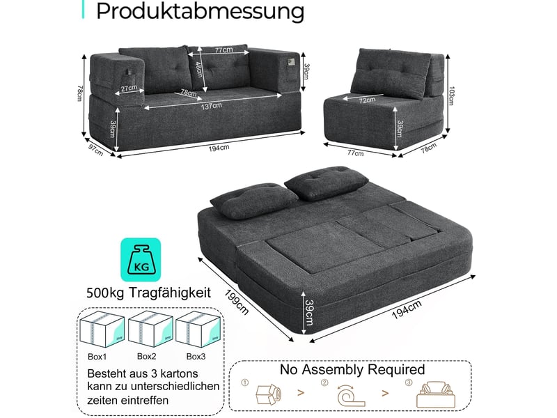 Canapé modulable 3 places, fauteuil pliable en tissu gris foncé - Conforama C