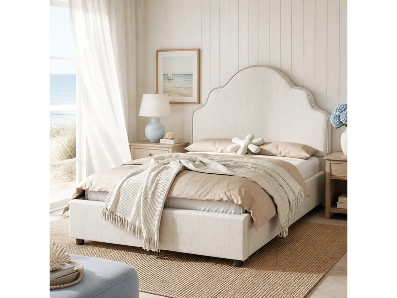  Lit enfant simple 90×200 cm avec tête de lit capitonnée, led  - sans matelas, lin beige  - Conforama C
