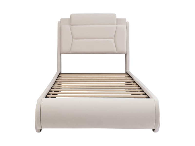  Lit enfant rembourré 90x200 cm, forme voiture, tête réglable, dossier siège auto, roues led, flanelle, blanc crème  - Conforama A