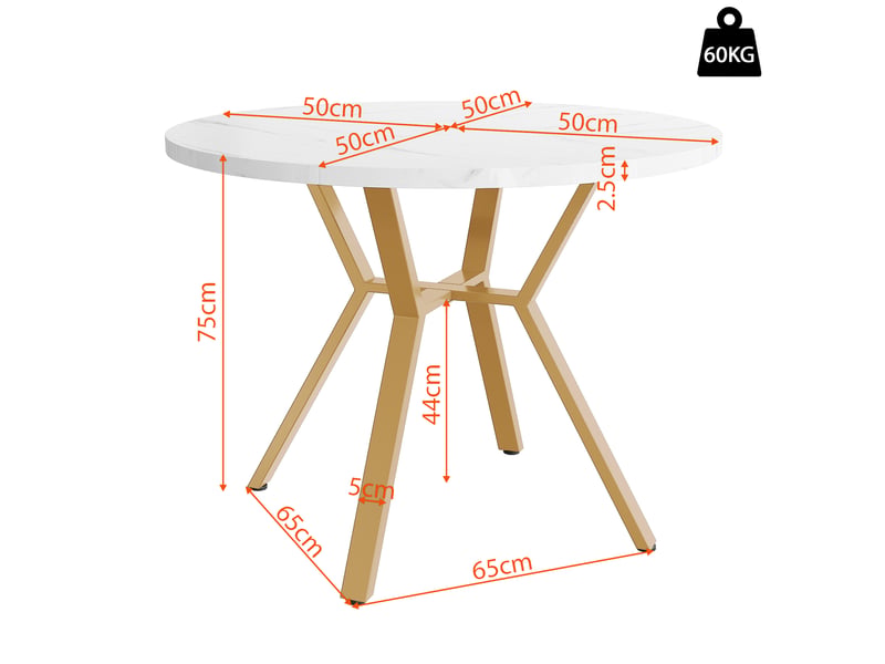  Table à manger ronde ø100 cm avec plateau effet marbre, table de repas moderne avec piètement en x en métal, design épuré, blanc et doré OPULERANE TRADING LTD - Conforama C