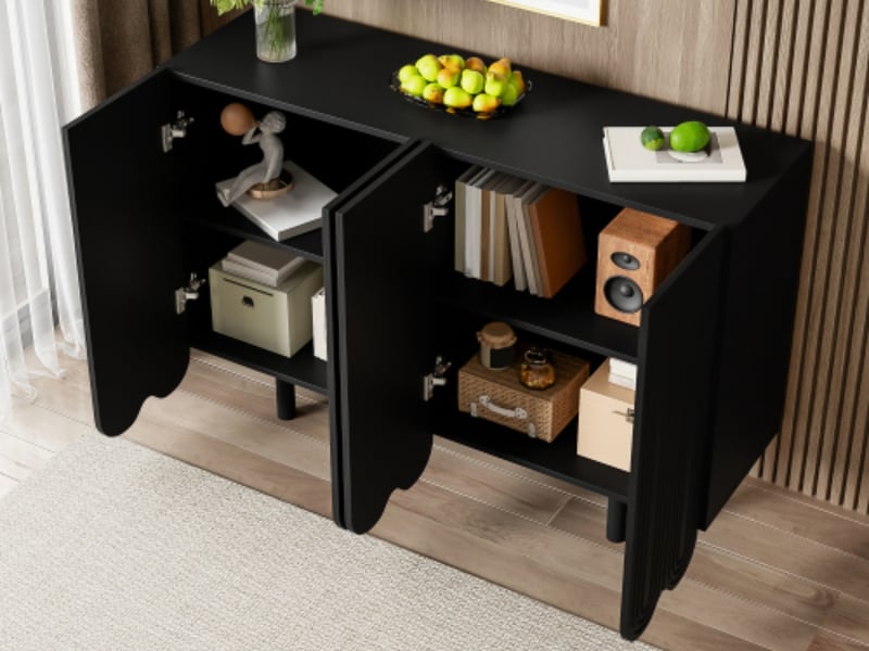  Buffet cuisine, 120 x 37.5 x 80.8 cm, 4 portes en forme de goutte, avec moulées et charnières à tampon, noir  - Conforama B