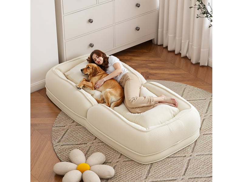  Fauteuil convertible ergonomique 5 positions avec 2 coussins, pliable et compact, en tissu et métal crème  - Conforama D