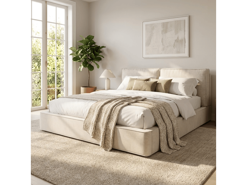  Lit coffre rembourrée 160x200cm - lit double avec grand rangement hydraulique, tissu chenille beige Morn Vibe - Conforama B