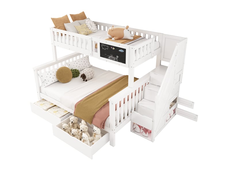  Lit superposé enfant 90x200 et 140x200 cm, escalier, tableau, tiroirs, bois et mdf, blanc, sans matelas  - Conforama A