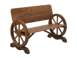 Banc jardin 2 places bois massif, accoudoirs, design roue chariot, max 250 kg, rustique, 114x58x80 cm, marron.