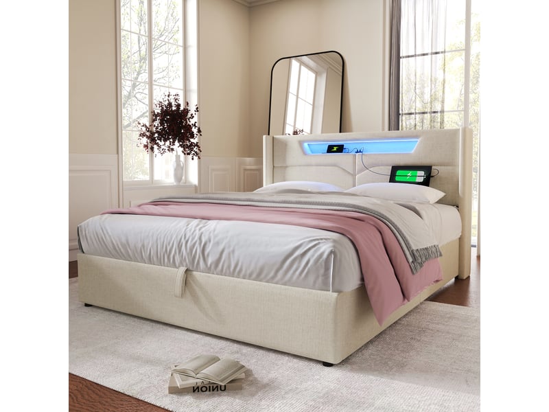 Lit coffre 160x200 cm beige en lin avec matelas led usb type c et sommier à lattes evarich - Conforama D