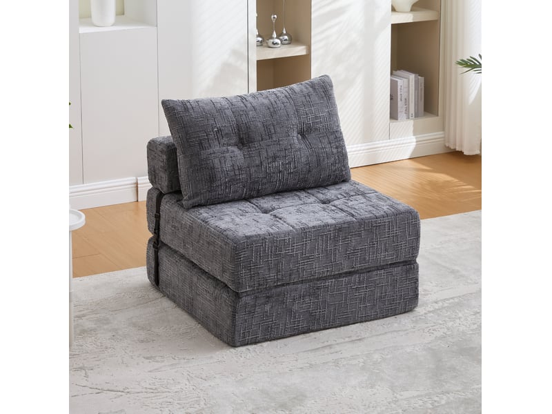  Fauteuil convertible 1 place pliable avec dossier et coussins, assise de sol pour salon, en chenille gris 79 × 79 × 57 cm  - Conforama D