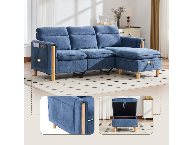 Canapé 3 places en chenille bleu avec coffre et poches latérales, structure en bois massif - Conforama B