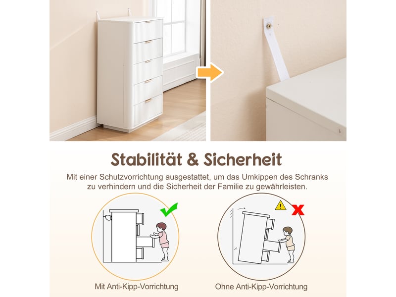  Commode 5 tiroirs à fermeture douce et anti-basculement - lpospi - coins arrondis, poignées métal, mdf blanc  - Conforama E
