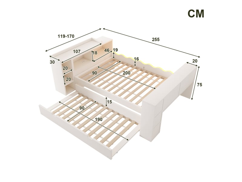 Lit simple 90x200 cm avec lit gigogne 90x190 cm, led et bureau, coloris blanc - Conforama C