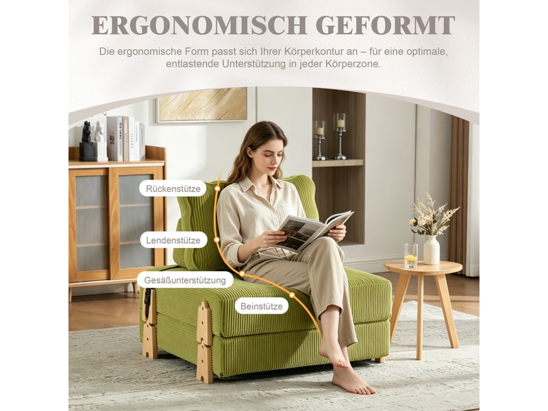  Fauteuil convertible 1 place 90x86x84cm vert olive en velours côtelé, couchage pliant, dossier rembourré et pieds en bois  - Conforama C
