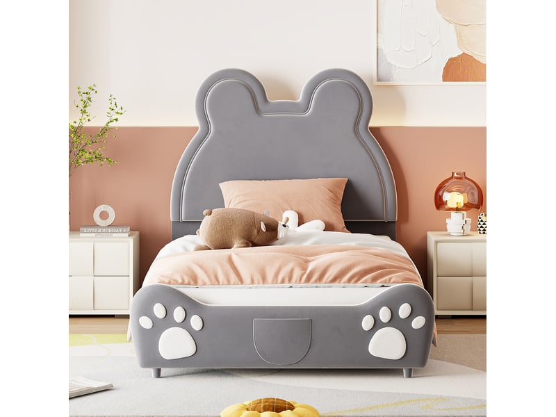  Lit enfant 90x200 cm en velours gris forme ours  - Conforama B