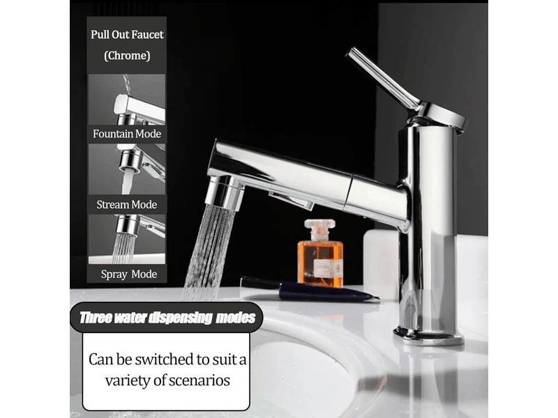  Robinet de salle de bain avec trois modes d'eau (débit, jet, fontaine) et douchette extractible (argent) PB50237 - Conforama C