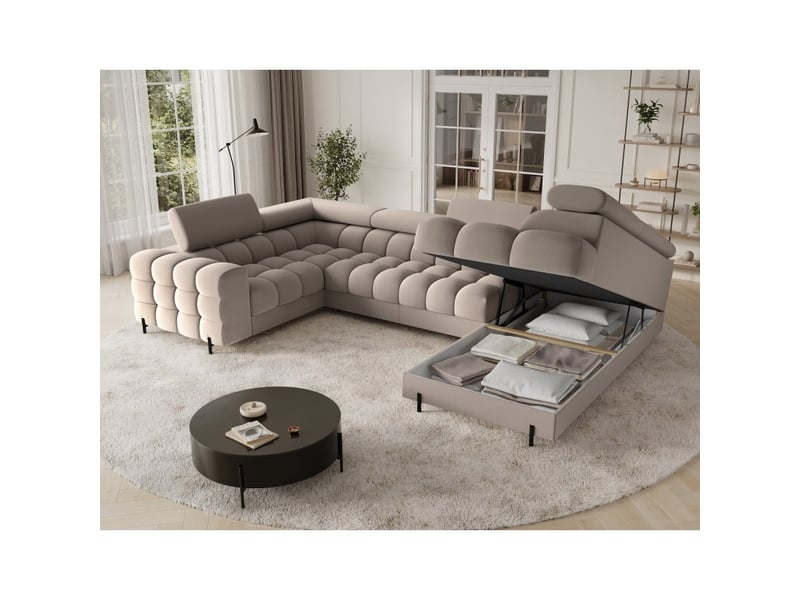 Canapé panoramique convertible factory 3 places beige – angle droit avec coffre – version 4 - Conforama D