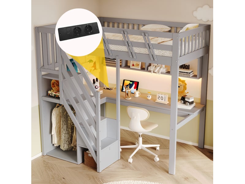  Lit mezzanine modenvie 90 x 200 cm avec bureau, rangements, led et prise usb gris  - Conforama E