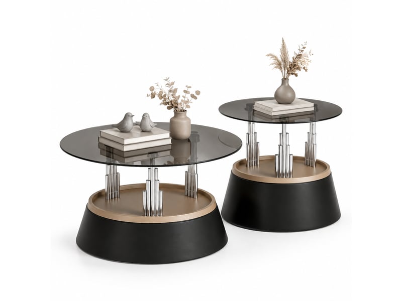  Table basse gigogne 2 pièces 73,5 x 73,5 x 34 cm noire, verre trempé et métal, usage modulable  - Conforama A
