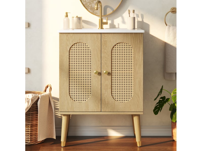 Meuble sous vasque 2 portes en rotin 2 étagères fixes avec vasque en céramique pour salle de bain 61 × 47 × 89 cm - Conforama D
