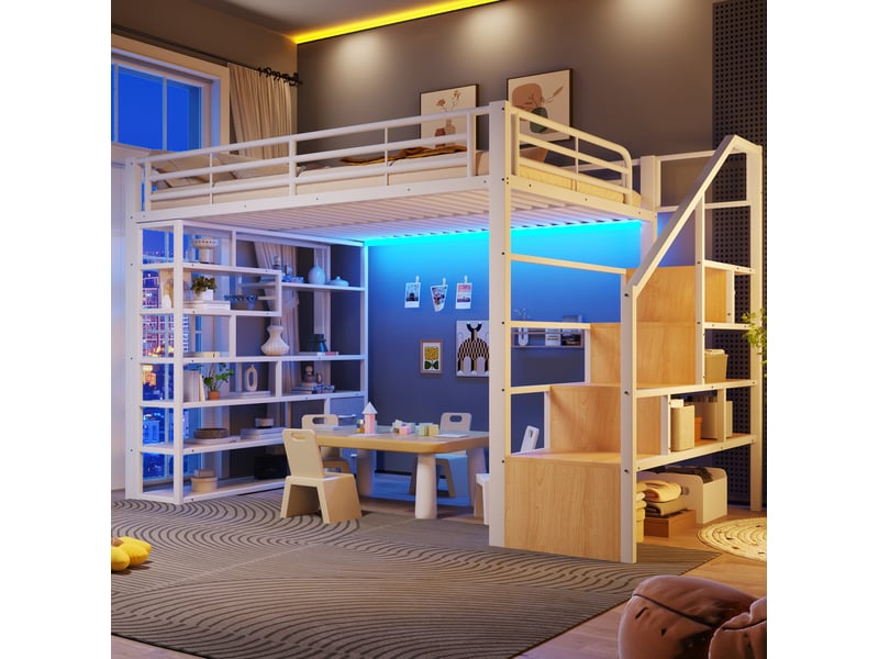  Lit mezzanine enfant 140x200 avec rangements et led blanc evryae  - Conforama C