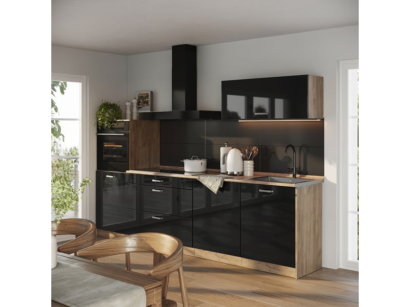  Vicco cuisine, noir haute brillancechêne doré, 280cm plan de travail marbre  - Conforama C