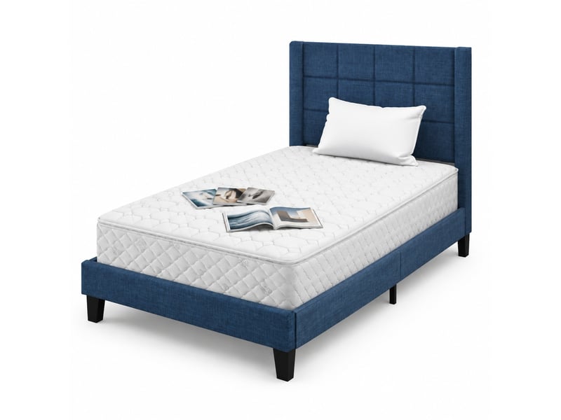  Lit simple en lin bleu, lit 1 place avec tête haute rembourrée et cadre en acier, 90x200 cm, matelas inclus  - Conforama A
