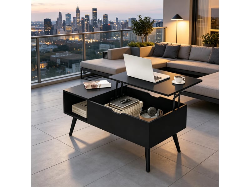  Table basse avec plateau relevable, table de salon multifonction en bois noir, 100x50 cm, grand espace de rangement caché  - Conforama E