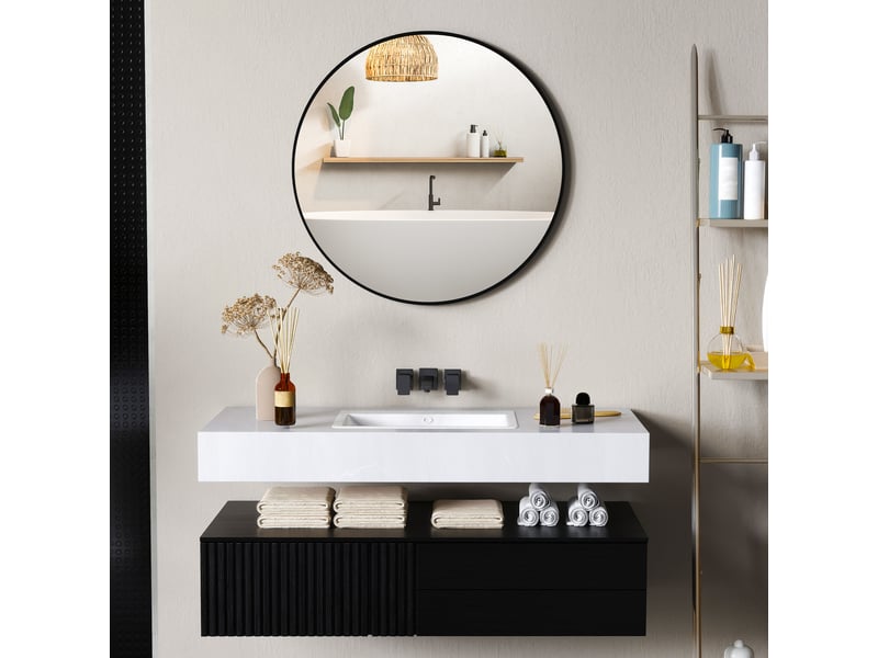 Miroir rond miroir salle de bain cadre en métal facile à installer, pour chambre, salon, entrée, ø 70 x 2,5 cm noir - Conforama C