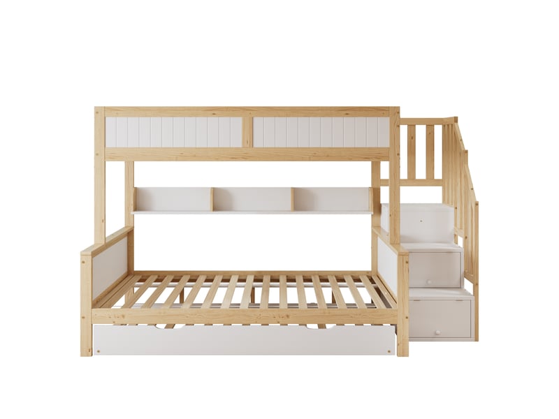  Lit superposé pour enfant, avec barrière de sécurité et protection antichute, trois positions possibles, lit gigogne, armoire, escalier d'angle, pin et mdf, blanc et naturel, 90 x 200 cm, 90 x 190 cm et 120 x 200 cm  - Conforama D