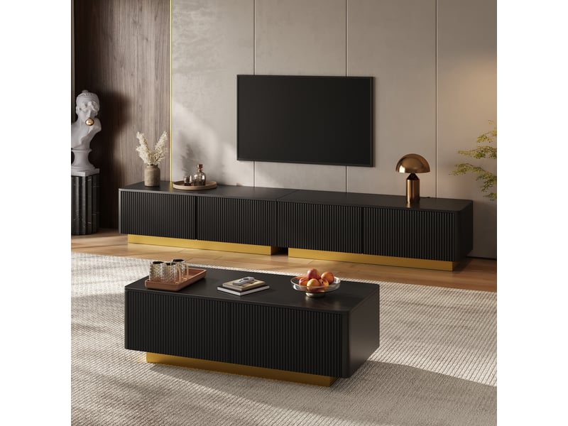  Ensemble meuble tv et table basse 2 pièces avec façades rainurées, rangement et style moderne pour le salon  - Conforama B