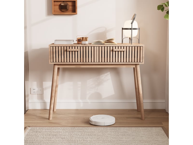 Console d'entrée 2 tiroirs style scandinave - 100 x 35 x 80 cm-chêne clair - table de couloir avec façades à lattes et pieds en bois massif - Conforama D