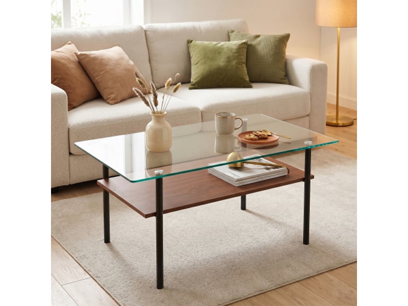 Table basse rectangulaire moderne avec plateau verre et mdf, 2 niveaux, cadre métal, rangement noir-bois 45x98x58 cm - Conforama D