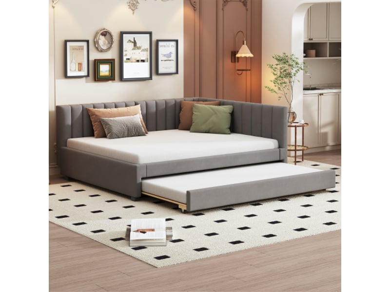  Lit gigogne 140x200 cm, avec tête de lit et lattes, en tissu, gris, sans matelas  - Conforama B