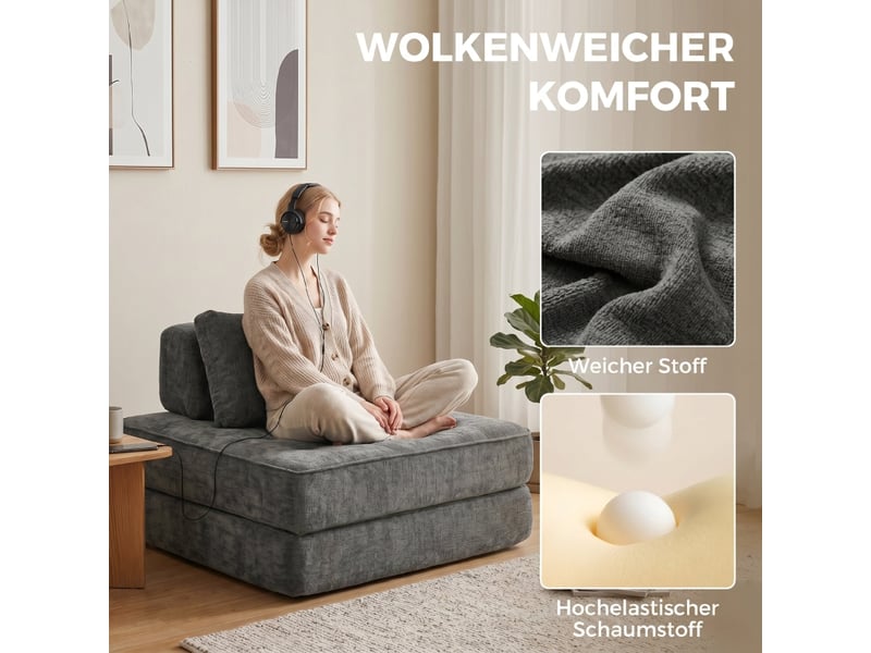 Fauteuil-lit 1 place pliable 2-en-1,avec coussin,chenille,gris - Conforama E
