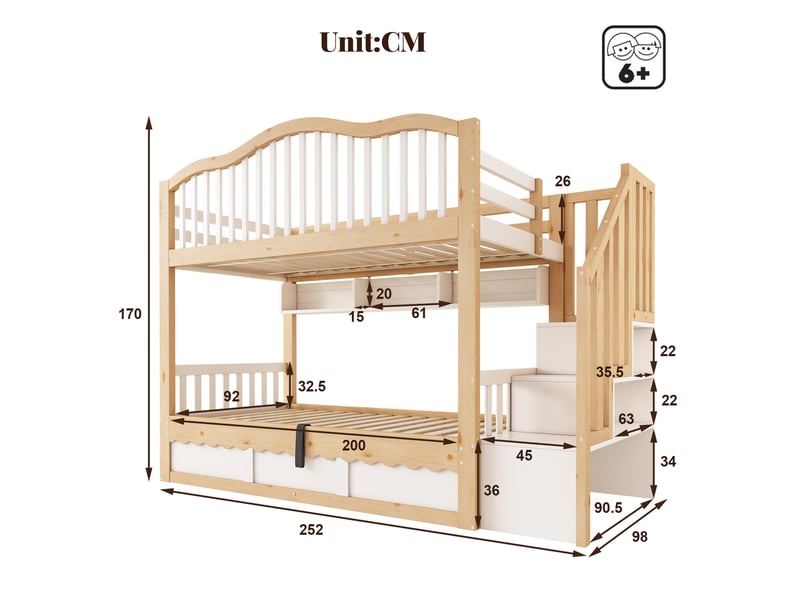  Lit superposé 90 × 200 cm 2 places avec coffre hydraulique, étagères et escalier, sans matelas, blanc chêne  - Conforama D