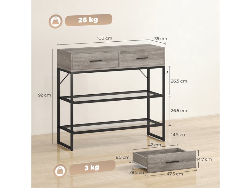  Console d'entrée avec 2 tiroirs, 2 étagères et crochet latéral, en bois et métal, 100 x 35 x 92 cm, noir et bois  - Conforama E