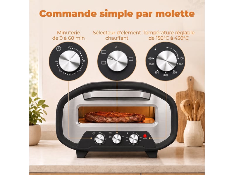 Four à pizza électrique d'intérieur 2200 w jusqu'à 430°c, pierre en céramique ø30,5 cm, minuteur 60 min, noir - Conforama E