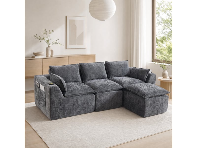  Canapé modulaire 3 places avec repose-pieds, coussins, porte-boissons et 2 poches latérales en chenille gris foncé  - Conforama C