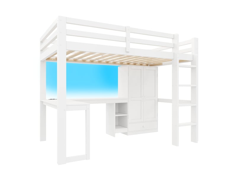  Lit mezzanine 90x200 cm, lit simple avec bureau, armoire, led et usb blanc, sans matelas  - Conforama E