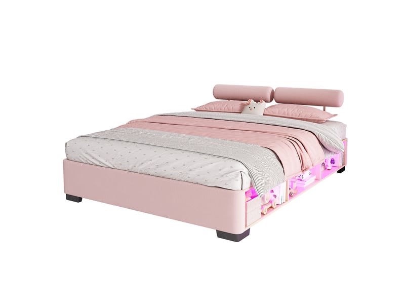  Lit enfant rose 140 × 200 cm en velours, rangement en tête de lit, structure basse, charge maximale 220 kg  - Conforama A